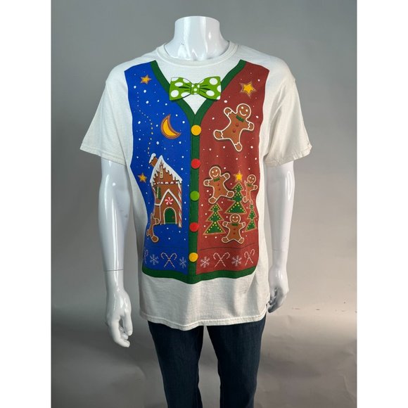 Christmas Holiday Gildan Faux Vest Gingerbread TShirt Large White Cotton - Picture 16 of 16
